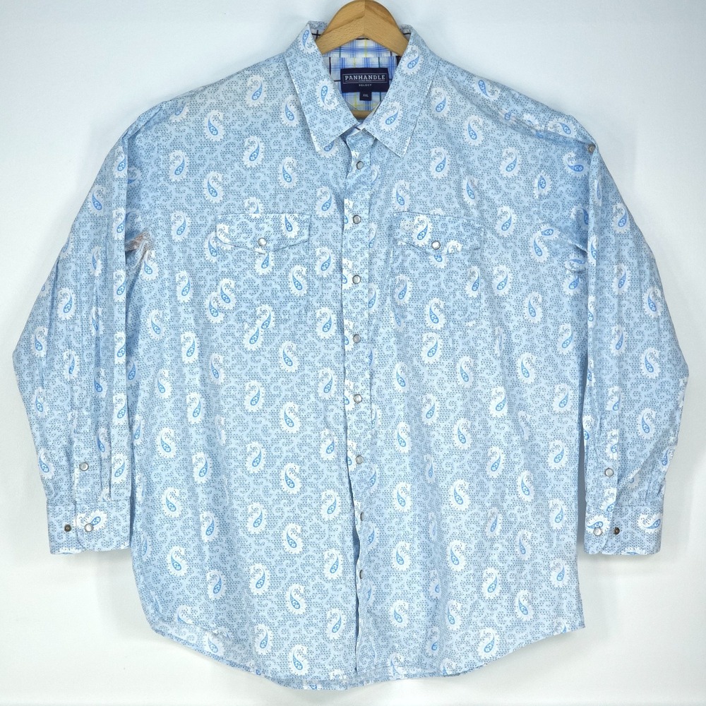 Panhandle Select Western Shirt Mens XXL Blue Paisley Long Sleeve Pearl Snap Flaw
